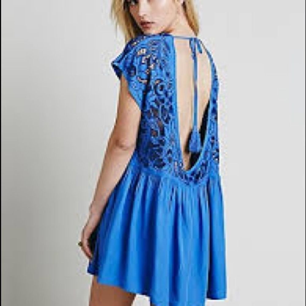 Free People Blue Ayu Oversized Open Back Floral Laser Cut Oversized Mini Dress S